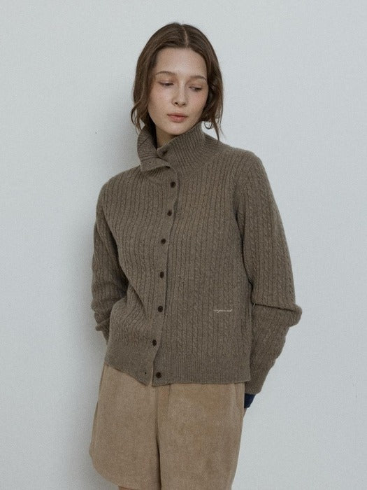 Depound cashmere blend high neck cable cardigan - khaki beige