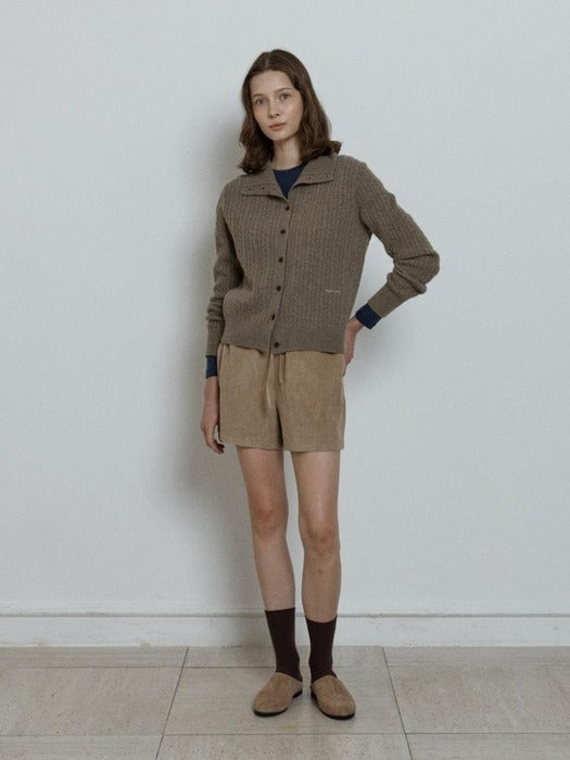 Depound cashmere blend high neck cable cardigan - khaki beige