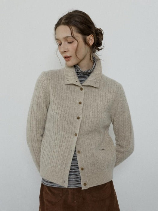 Depound cashmere blend high neck cable cardigan - oatmeal