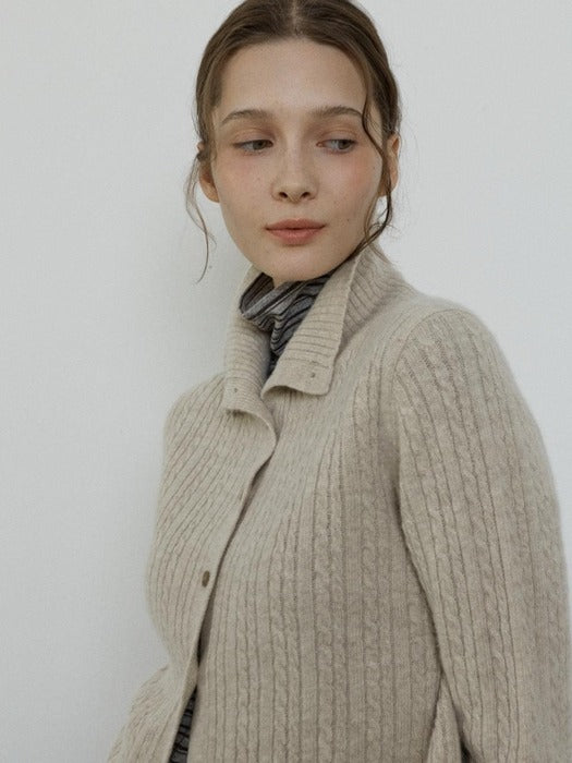 Depound cashmere blend high neck cable cardigan - oatmeal