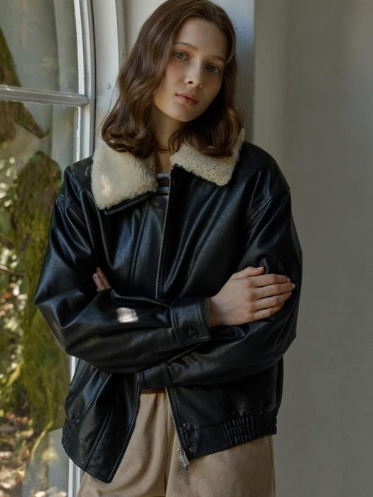 Depound detachable shearling collar leather bomber jacket - black