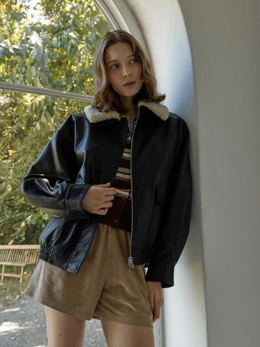 Depound detachable shearling collar leather bomber jacket - black