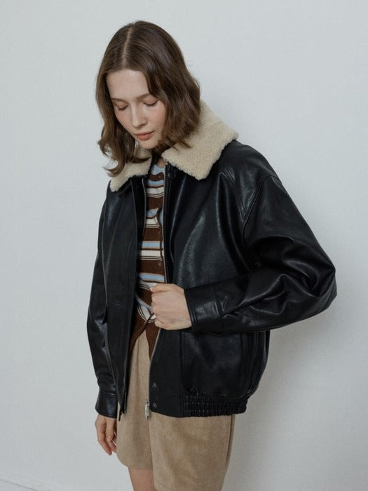 Depound detachable shearling collar leather bomber jacket - black