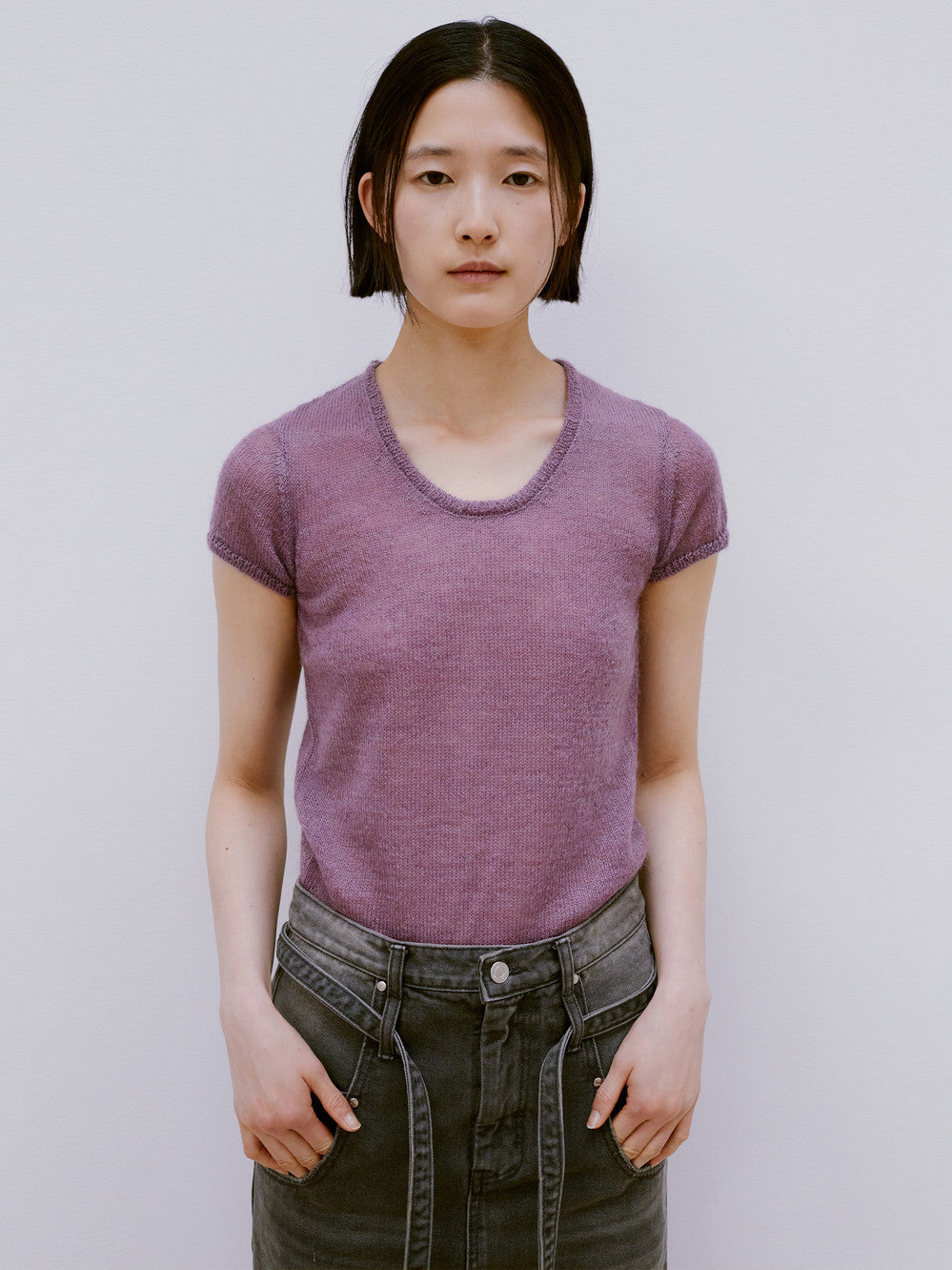[Low Classic] Belted High Waist Denim Skirt_Grey