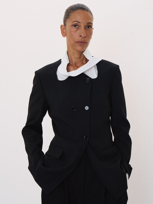 Recto Curved Neck Fluid Long Jacket (Black)