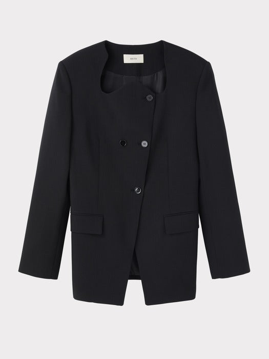 Recto Curved Neck Fluid Long Jacket (Black)