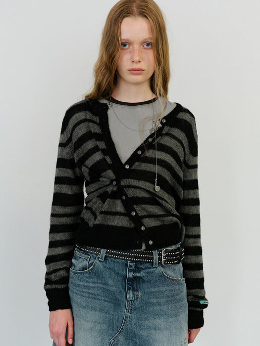 Instantfunk Round Neck Stripe Cardigan - Khaki