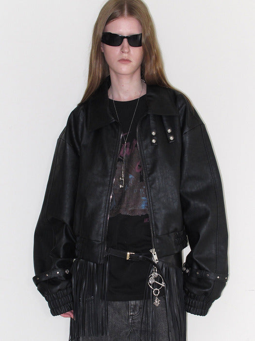 Instantfunk Cropped Strap Leather Jacket - Black