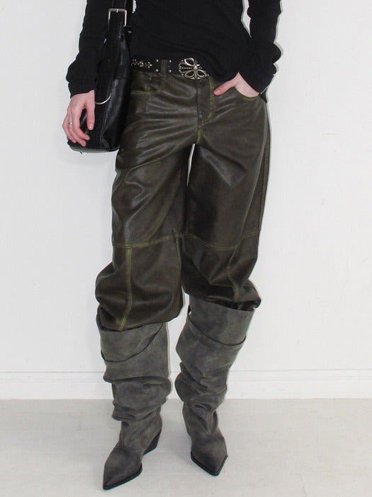 Instantfunk Washed Leather Panel Pants - Brown