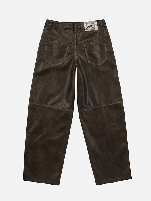 Instantfunk Washed Leather Panel Pants - Brown