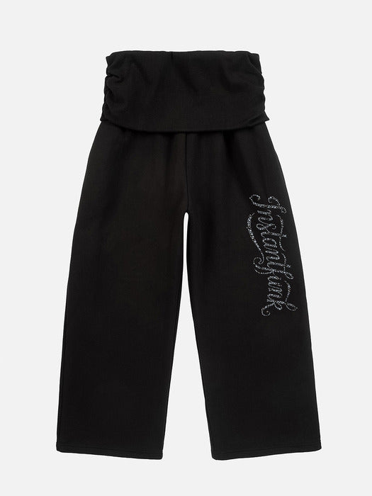 Instantfunk Rhinestone Folded Waist Sweat Pants - Black