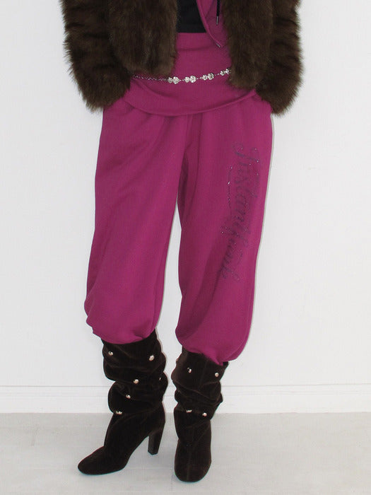 Instantfunk Rhinestone Folded Waist Sweat Pants - Purple