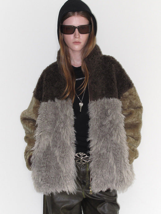 Instantfunk Mixed Fur Fleece Zipup Jacket - Khaki
