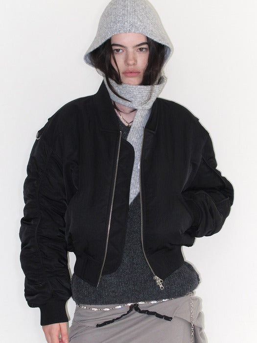 Instantfunk Cropped Shirring Bomber Jacket - Black