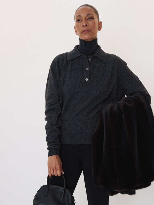 Recto Double Shoulder Polo Knit Top (Charcoal Grey)