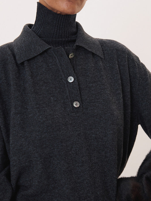 Recto Double Shoulder Polo Knit Top (Charcoal Grey)