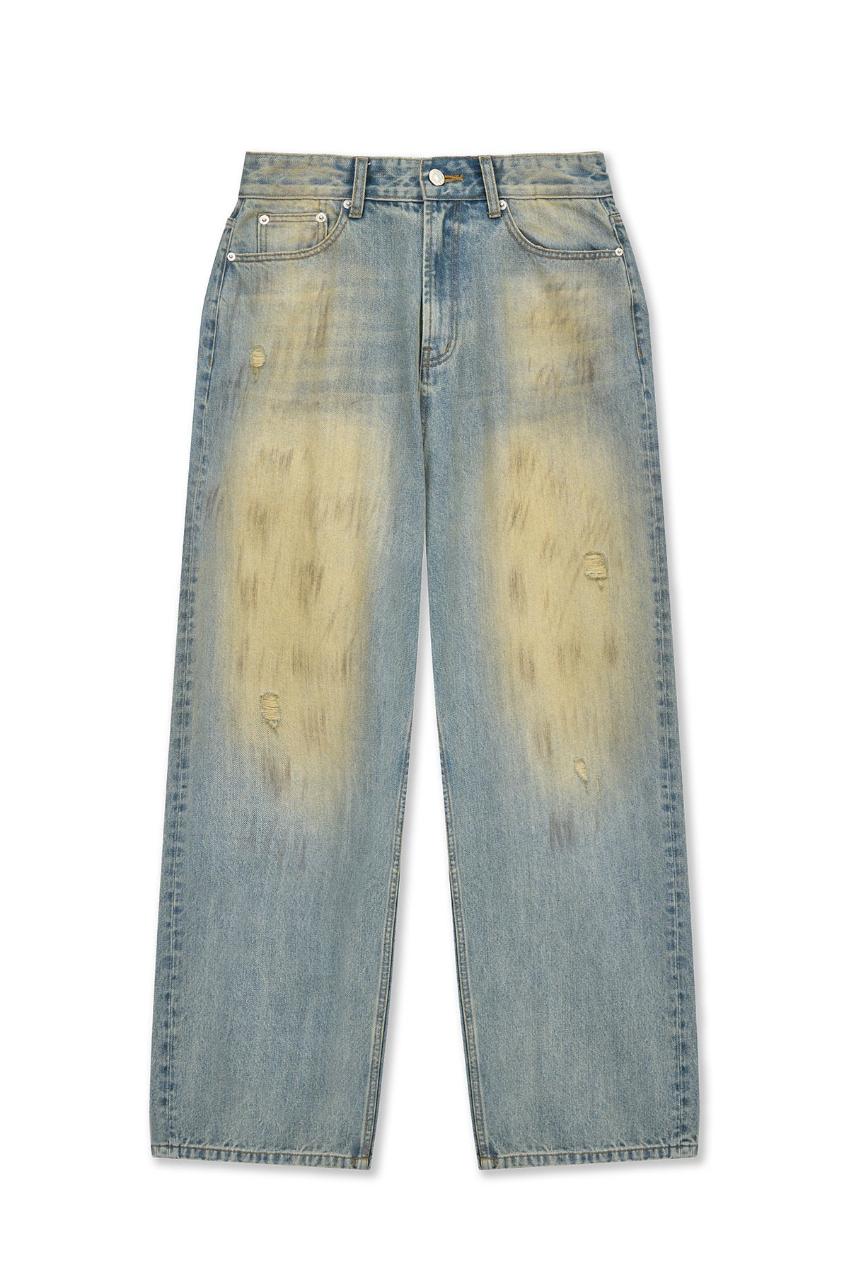 [matinkim] VINTAGE DIRTY WASHED DENIM PANTS IN LIGHT BLUE