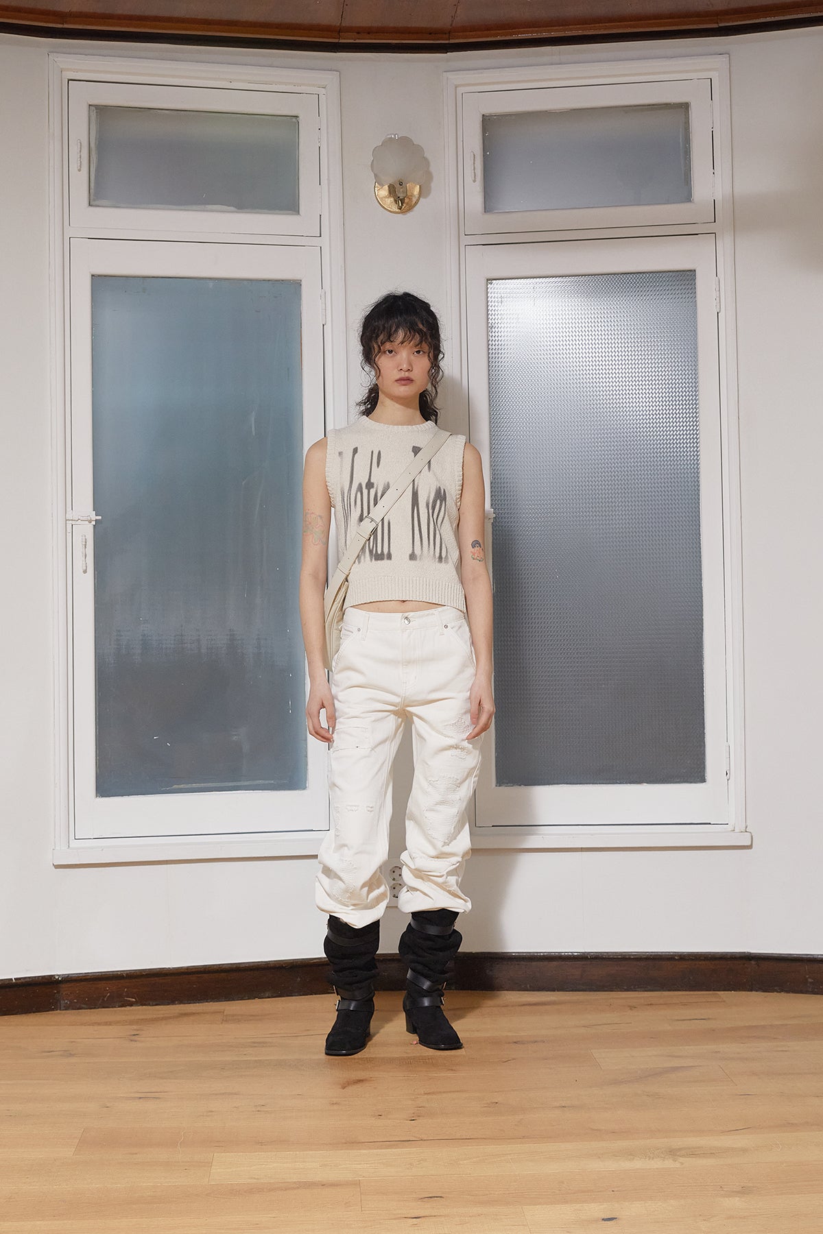 Matinkim Damage Patch Denim Pants IN Ivory