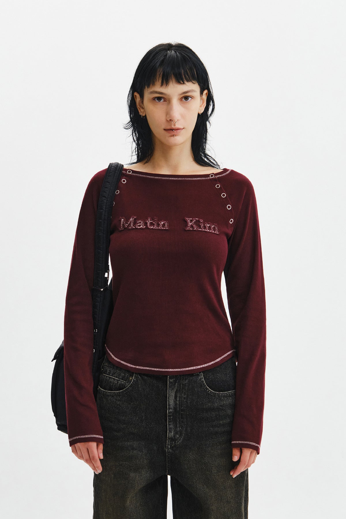 Matinkim Logo Applique Button Detail Raglan Top IN Wine