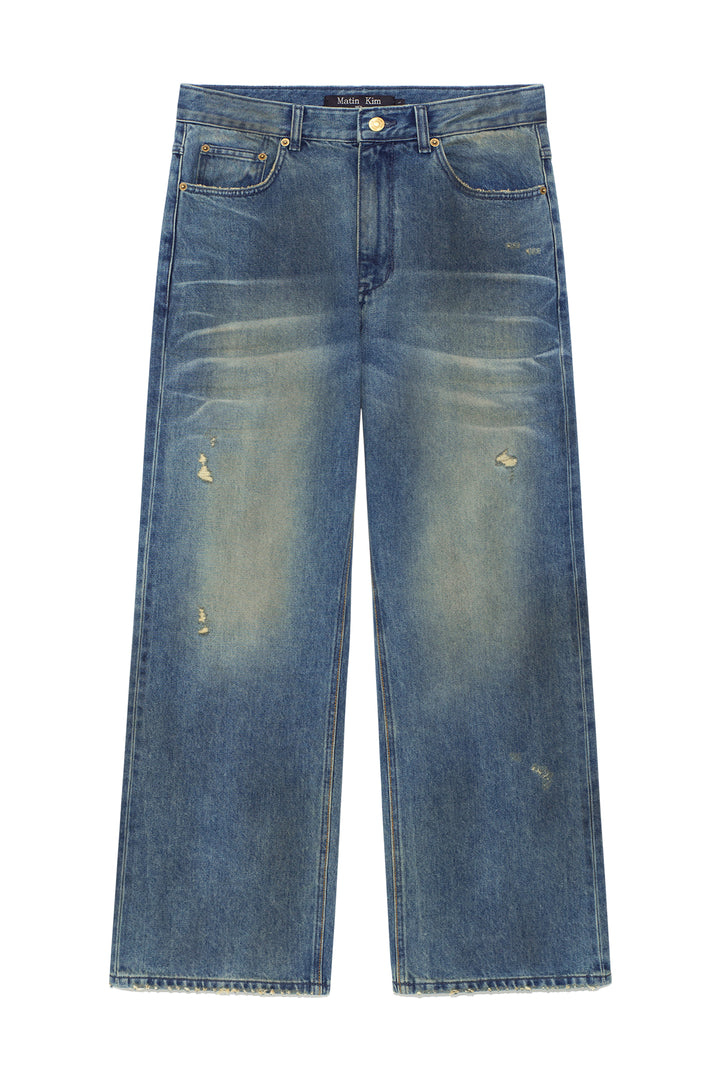 Matinkim Embo Washed Denim Pants For Men IN Blue
