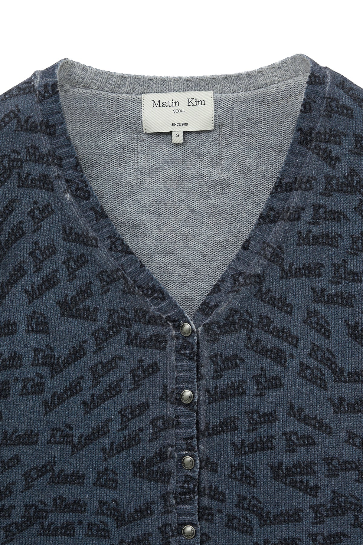 [matinkim] ALL OVER LOGO CROP CARDIGAN IN NAVY