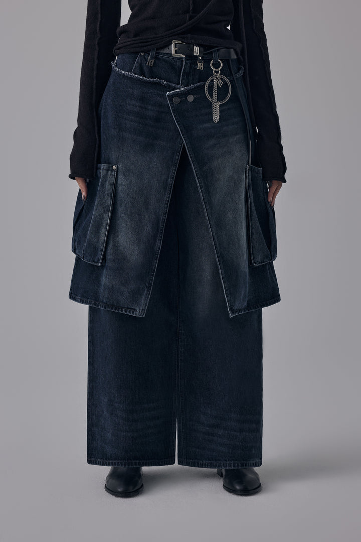 Treemingbird Layered Wrap Skirt Denim Cargo Pants Dark navy