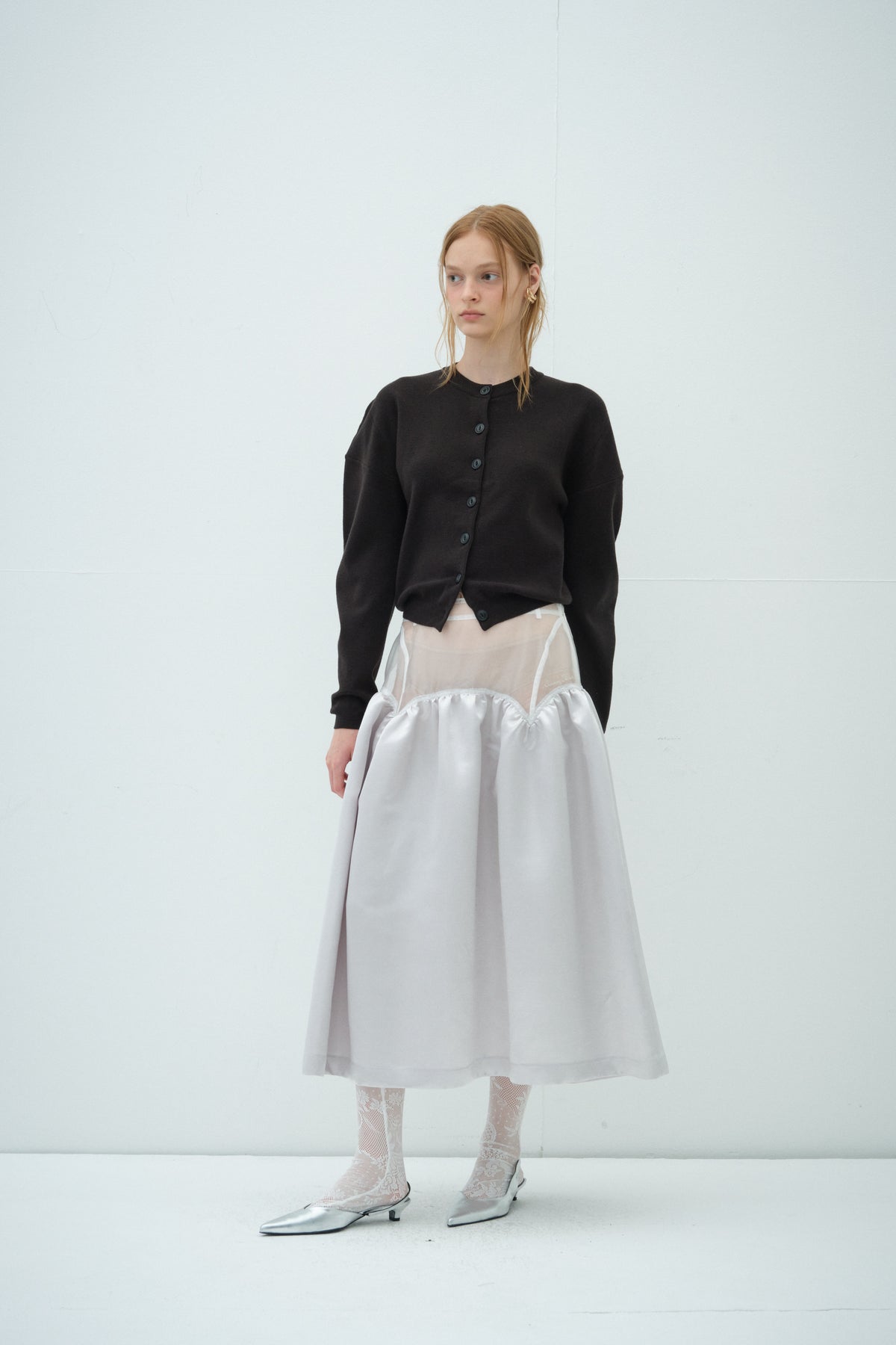 Overdueflair Sheer Satin Long Skirt White Silver
