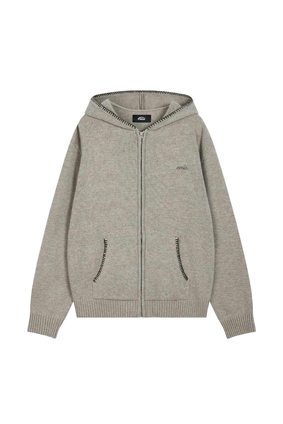 Emis Blanket Stitch Knit Hood Zip-UP-Light Gray