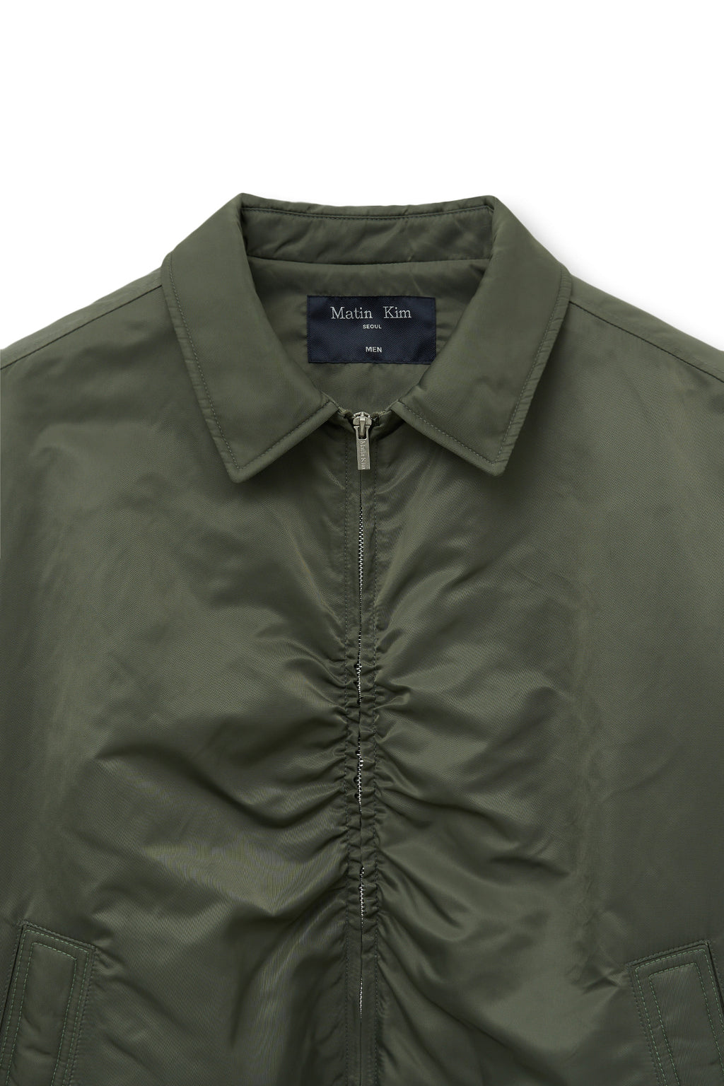 [matinkim] APPLIQUE LOGO SHIRRING BOMBER JUMPER FOR MEN IN KHAKI