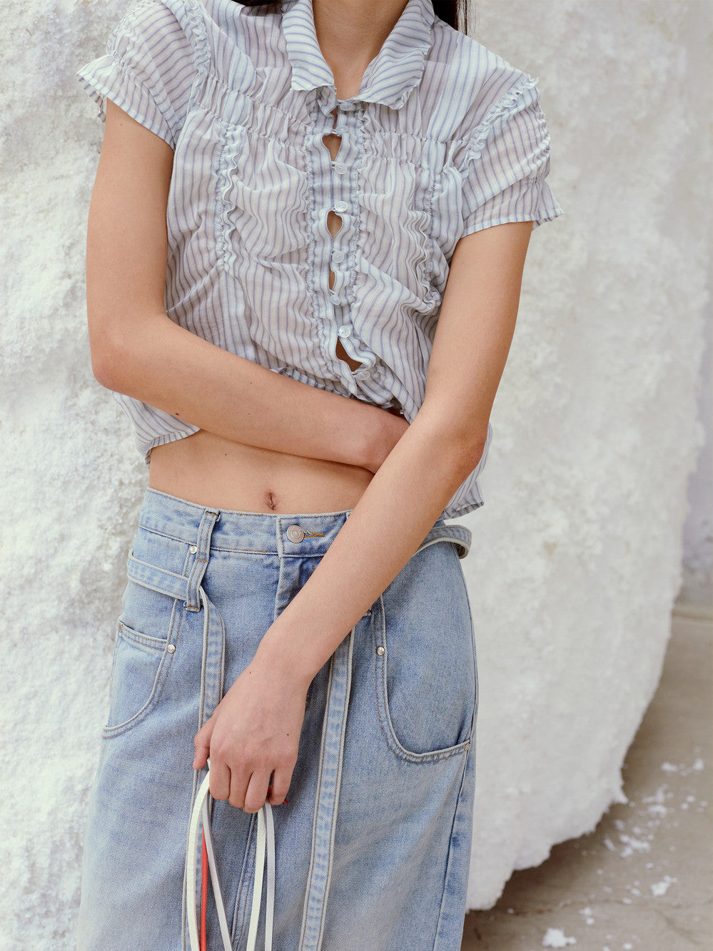 Low Classic Belted High Waist Denim Skirt Blue