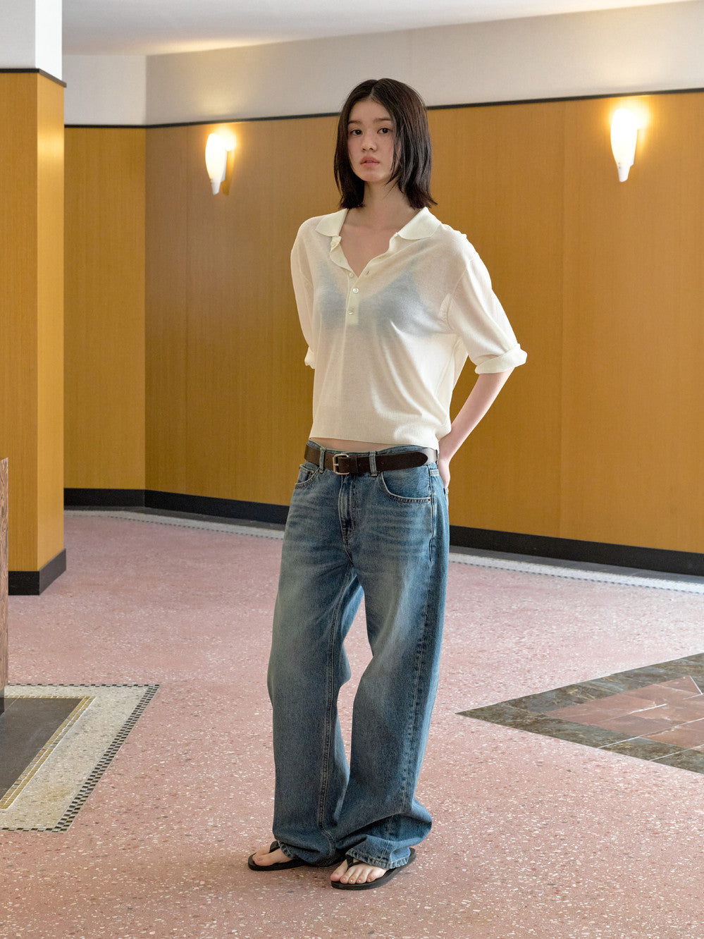 Low Classic Sheer Linen Blended Polo Sweater Ivory