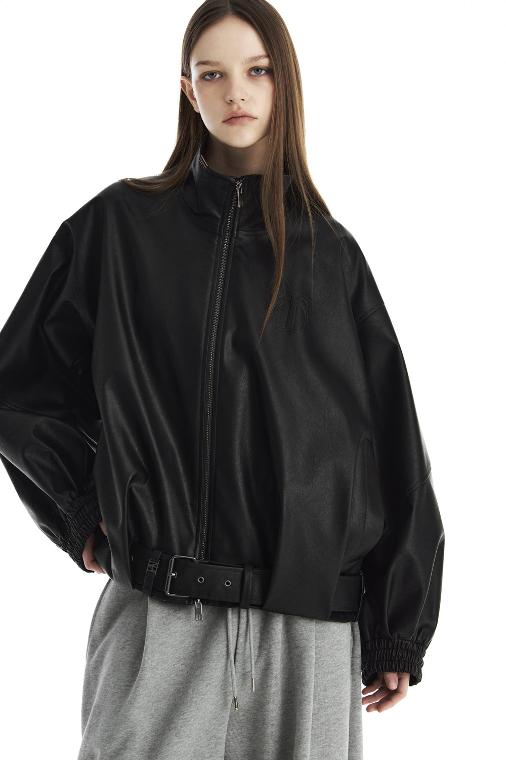 Treemingbird Belted Oversized Leather Blouson Black