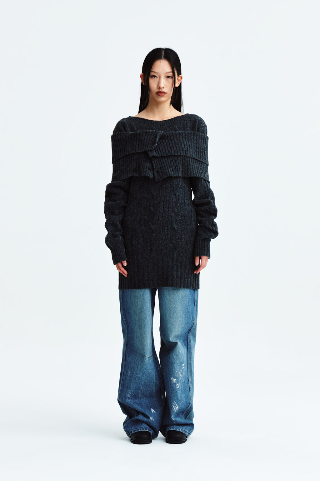 Matinkim Damage Point Cable Knit Dress IN Charcoal