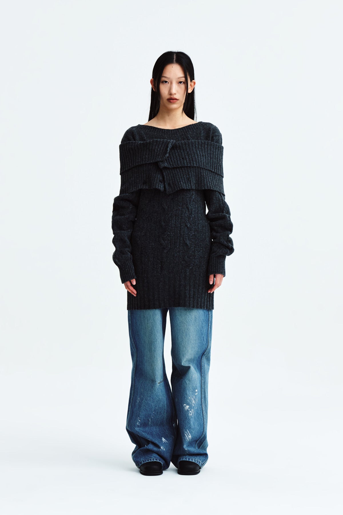 Matinkim Damage Point Cable Knit Dress IN Charcoal