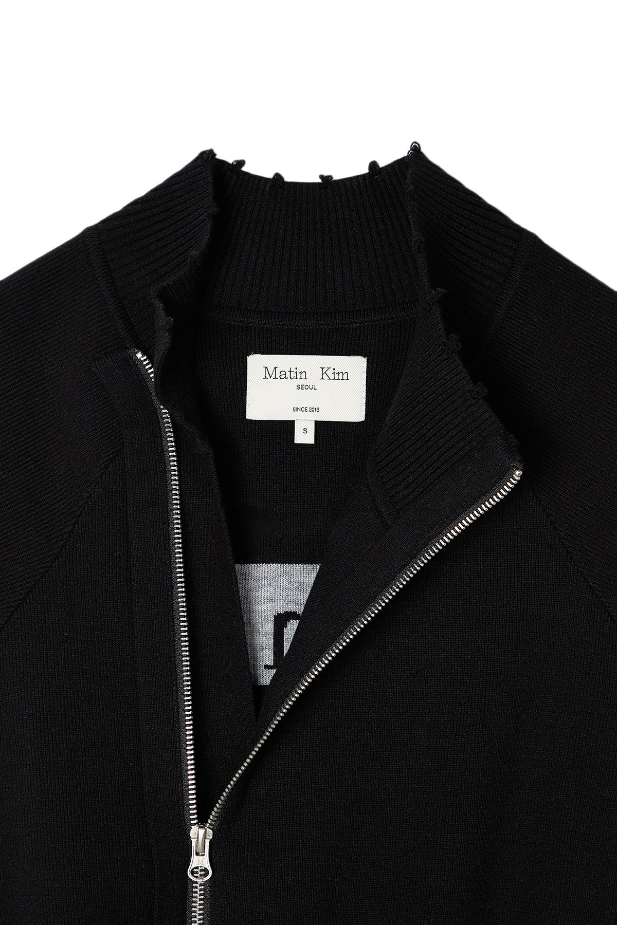 [matinkim] HIGH NECK LOGO KNIT ZIP UP VEST IN BLACK