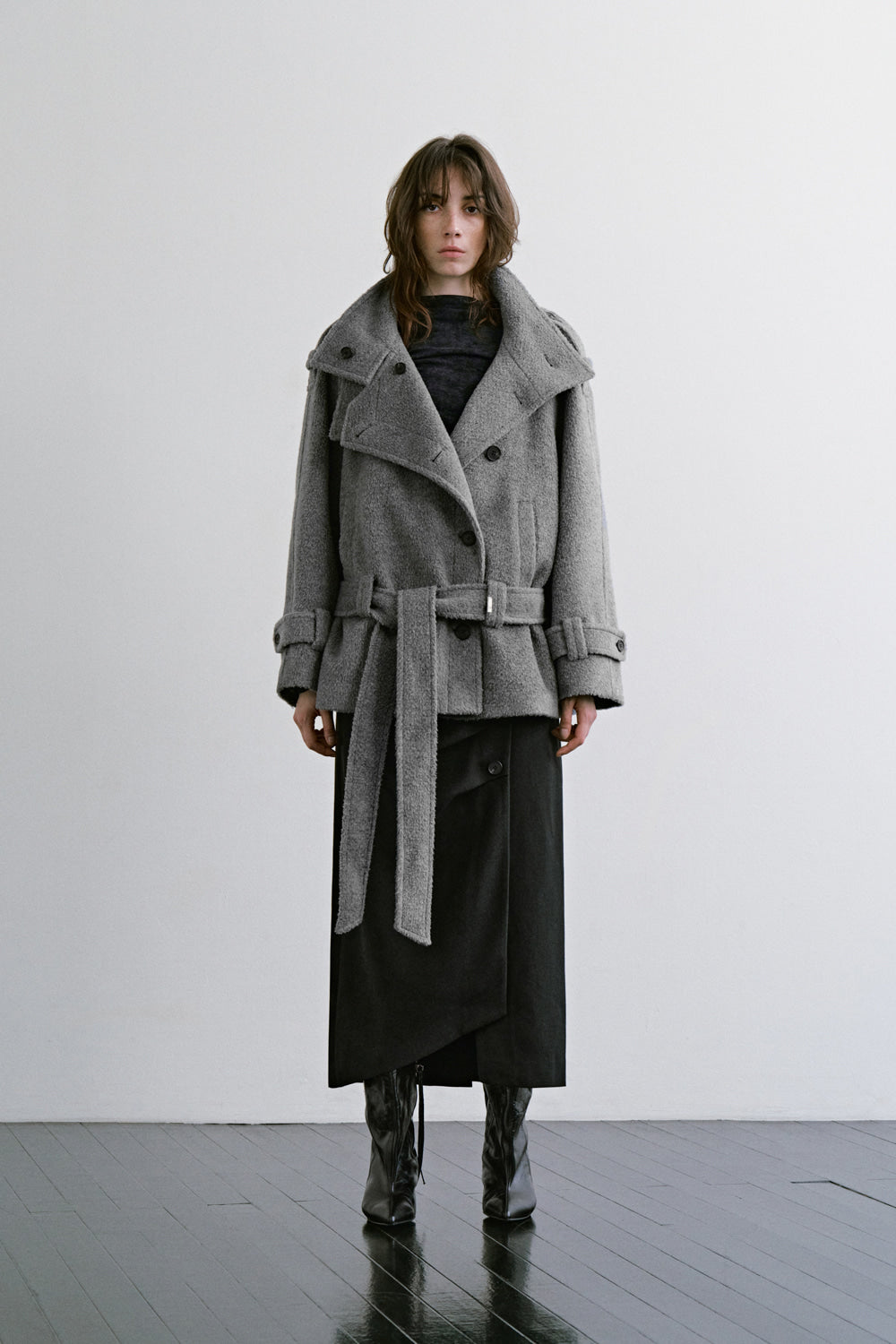 Treemingbird High-Neck Convertible Belted Half Coat Gray