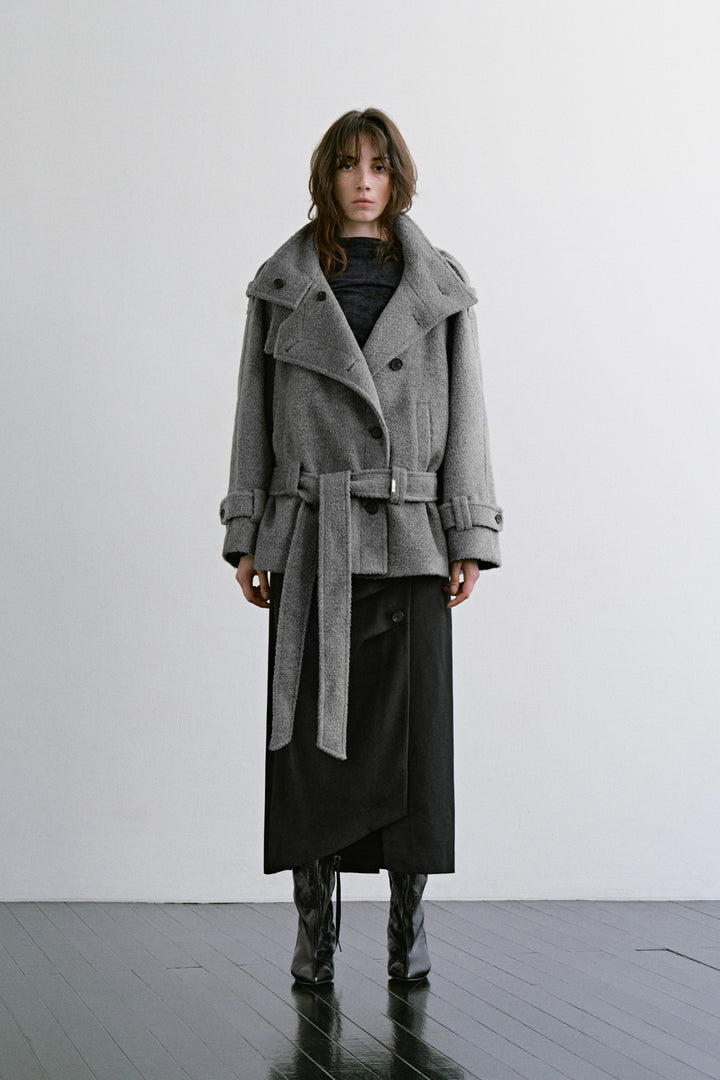 Treemingbird High-Neck Convertible Belted Half Coat Gray