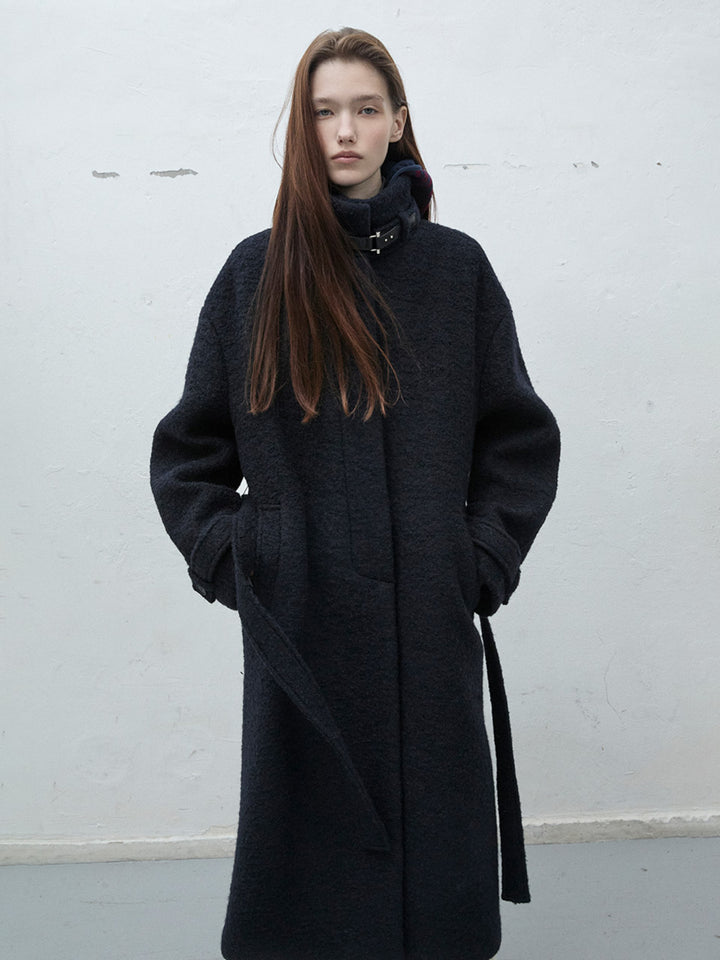 Raive Belt Pointed Over-fit Long Coat in Grey