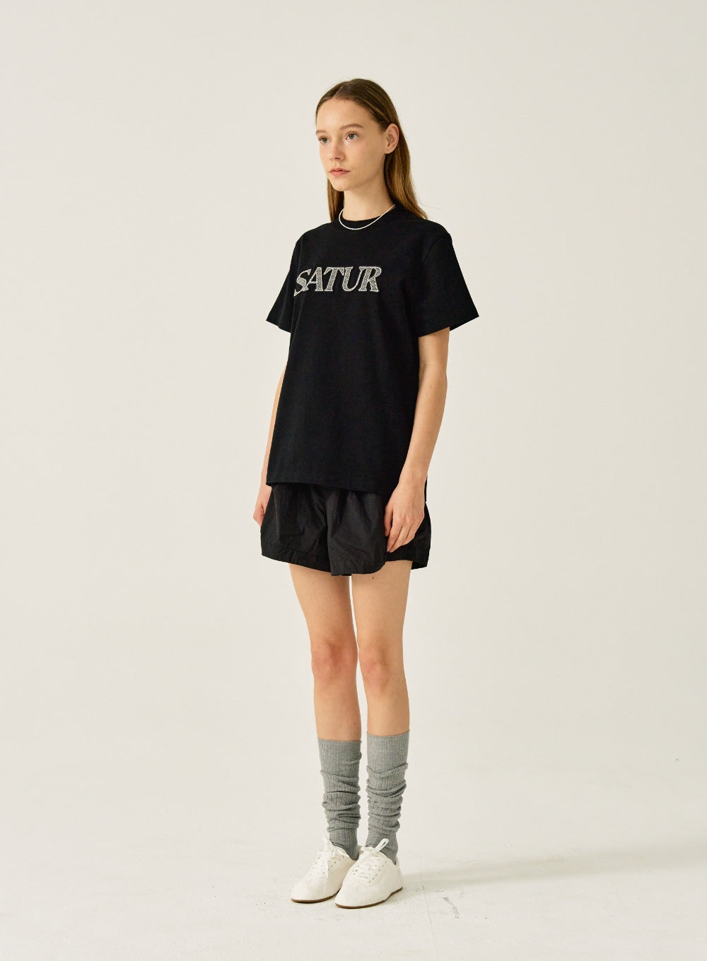 [satur] (W) Logo Cross Stitch T-Shirt - Classic Black