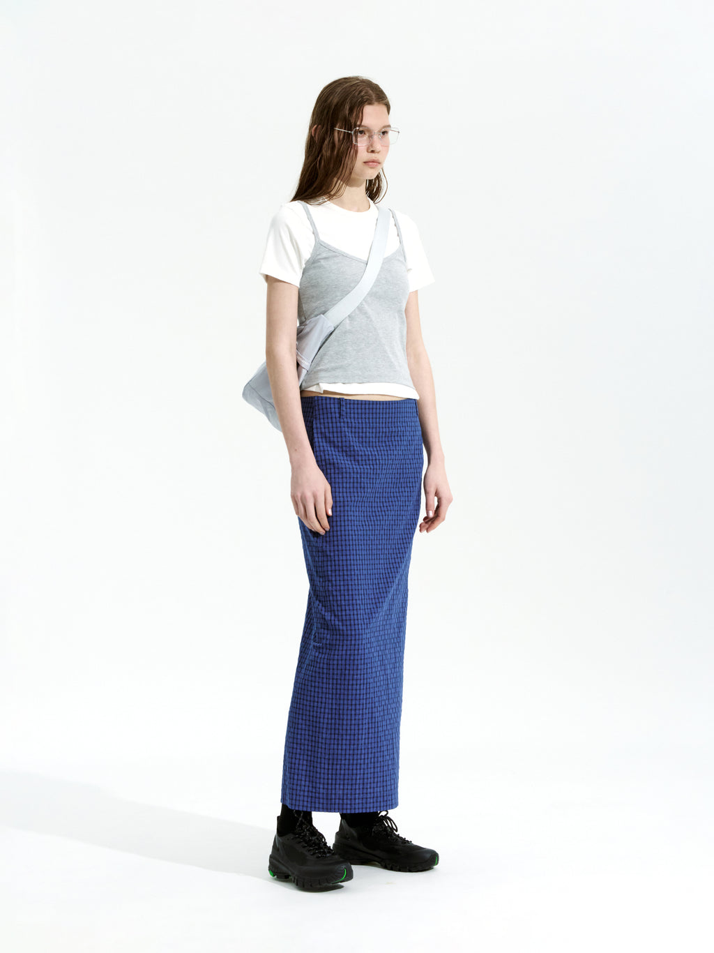 Low Classic Slit Checked Long Skirt Blue