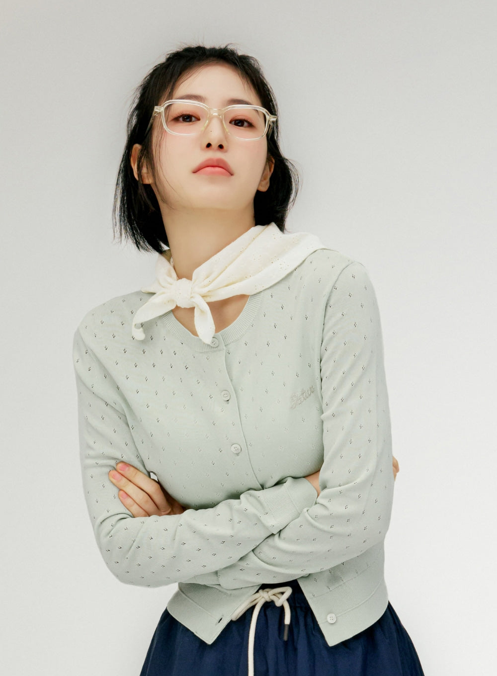 satur (W) Pointel Crewneck Cardigan - Mint
