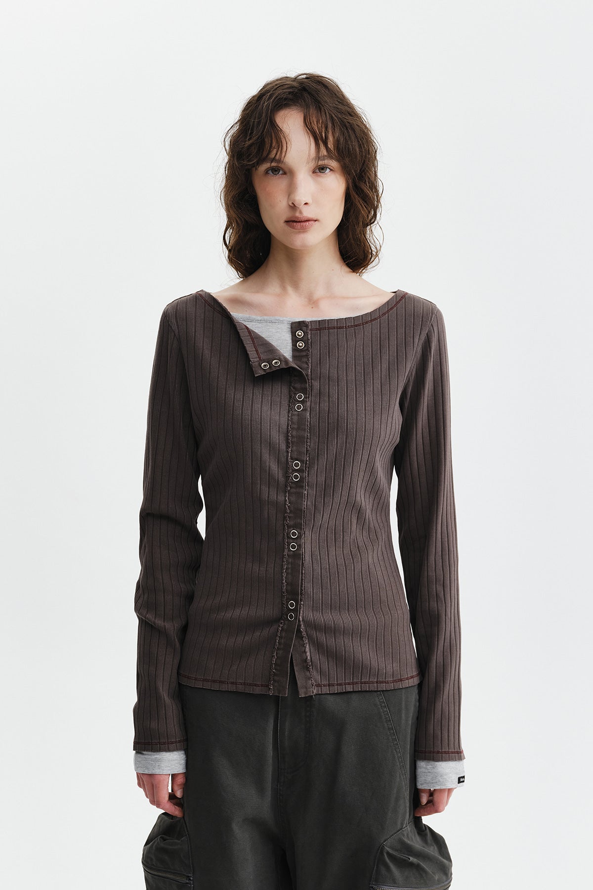 Matinkim Vintage Washed Ribbed Snap Top IN Brown