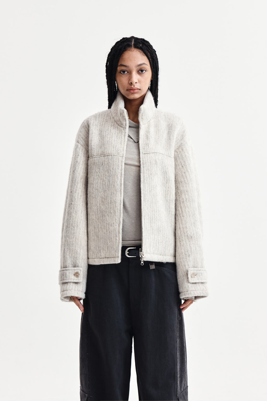 Matinkim Hairy High Neck Zip UP Jumper IN Light Beige