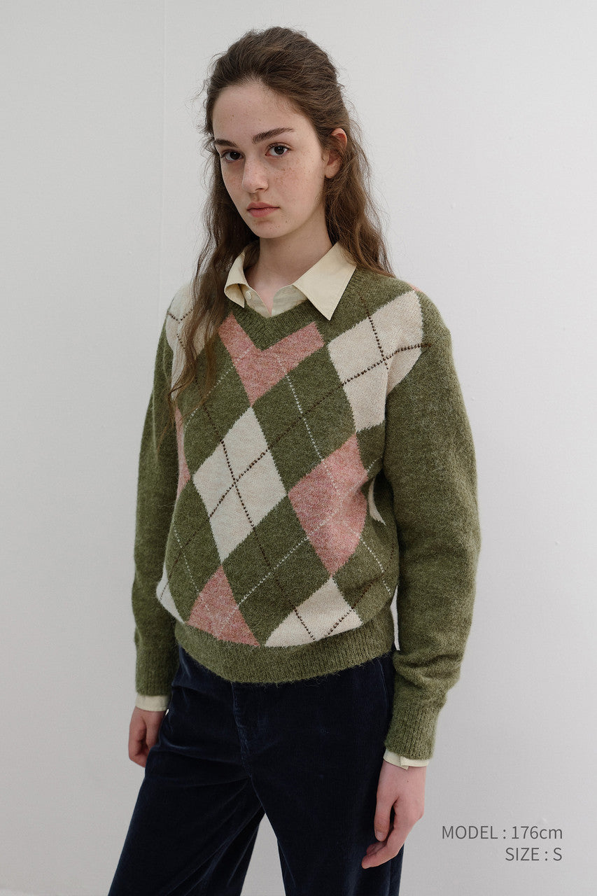 Dunst Unisex Hairy Alpaca Argyle Sweater Olive Khaki