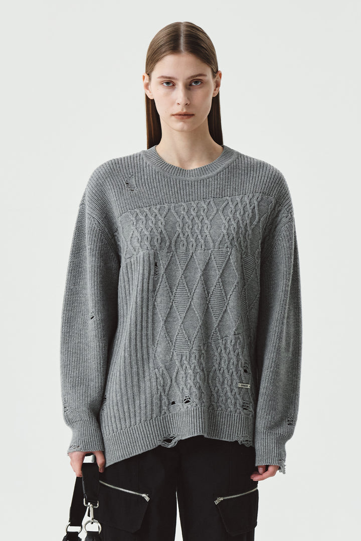 Matinkim Cable Mix Damage Knit Pullover IN Grey