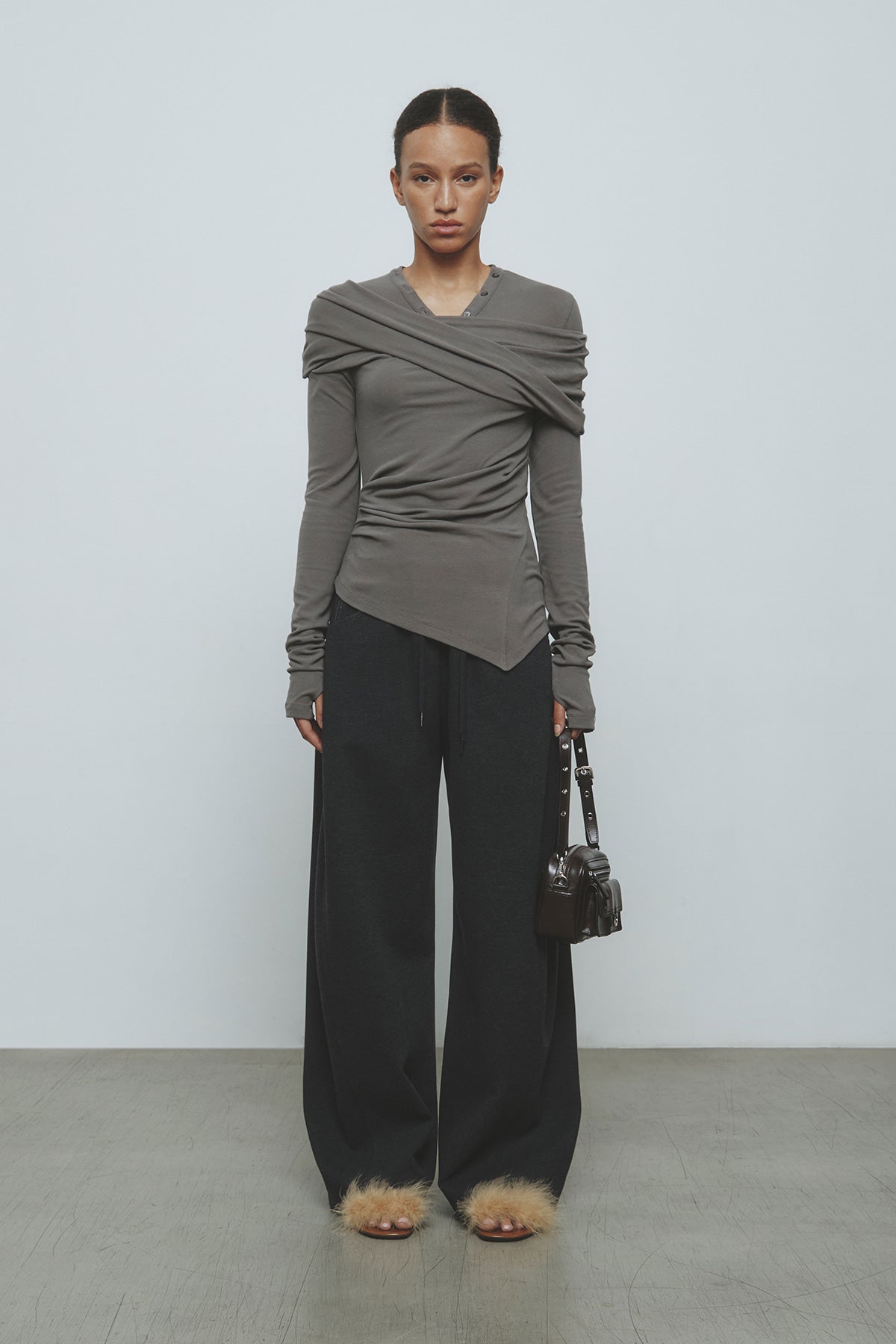 Matinkim Blended Wool Curved Banding Pants IN Charcoal