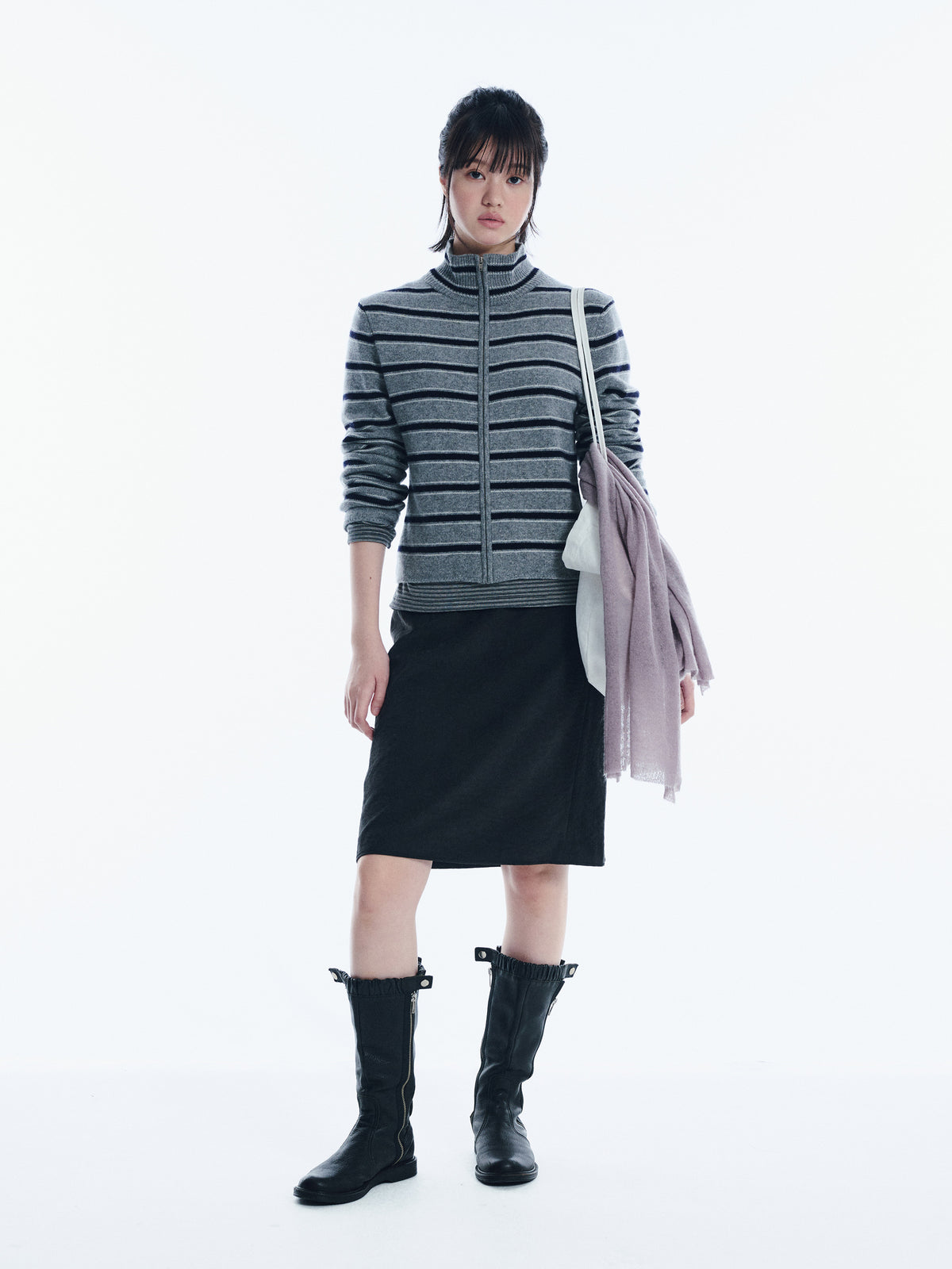 Low Classic Wool Blend Striped Zip-Up Sweater Melange Grey