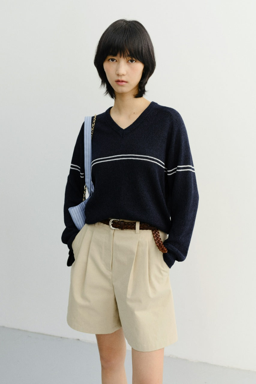 Dunst Unisex V-Neck Striped Sweater Navy