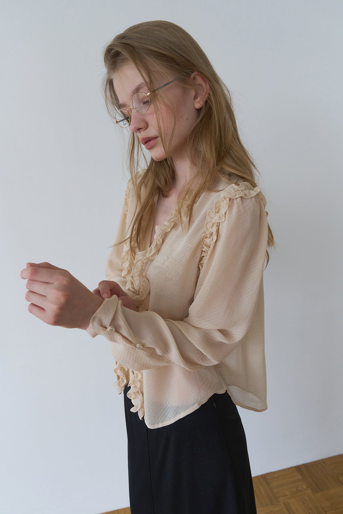 Overdueflair Sheer Ruffled Chiffon Blouse Beige