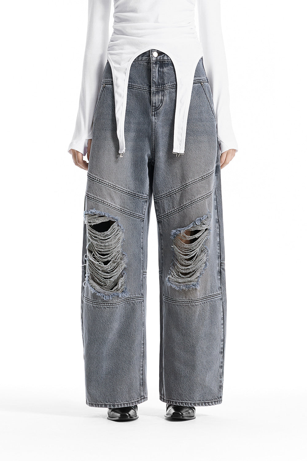 Treemingbird Double Belt Loop Distressed Balloon Denim Blue